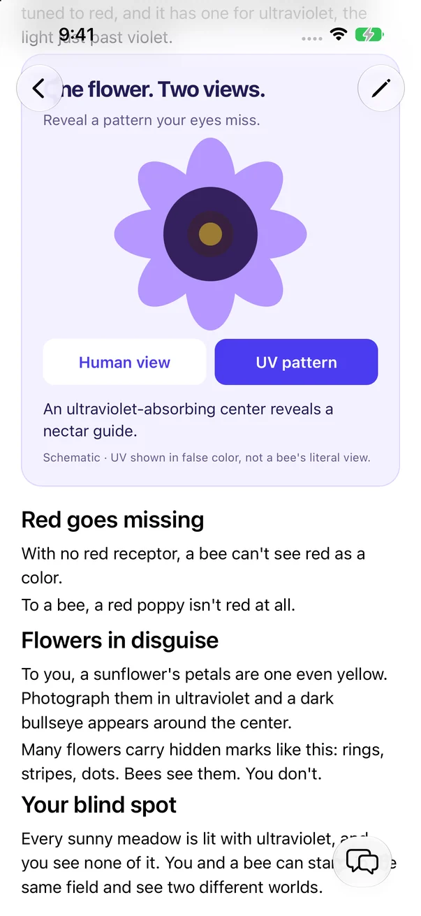 A lesson called What bees see with an interactive flower that switches between the human view and the ultraviolet pattern