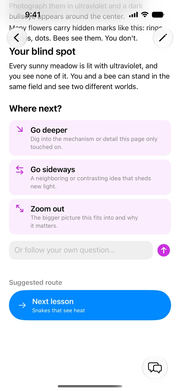 The end of a lesson with a Where next? section offering Go deeper, Go sideways, Zoom out, and your own question